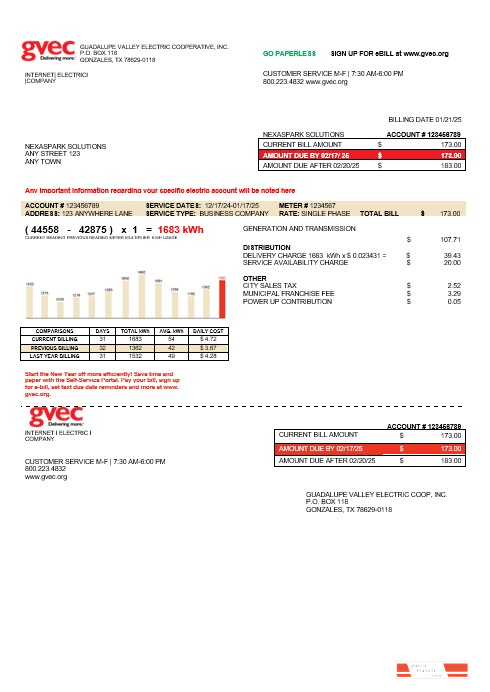 USA Texas GVEC business utility bill template in Word and PDF formats